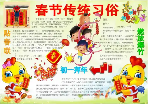 春节传统习俗915A4新年春节电子小报成品欢度春节手抄报模板新年快乐电子简报小学生传统节日板报word可编辑