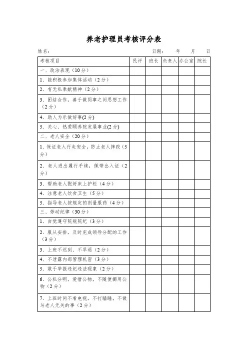 养老护理员考核评分表