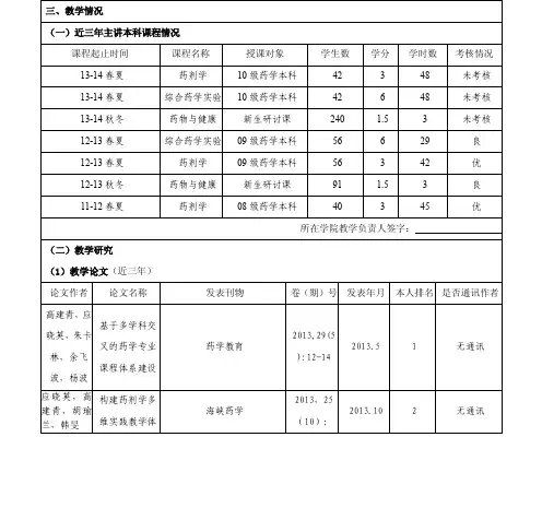 (一)近三年主讲本科课程情况 学生数 学分 学时数 考核情况