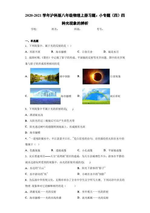 2020-2021学年沪科版八年级物理上册习题：小专题(四)四种光现象的辨析