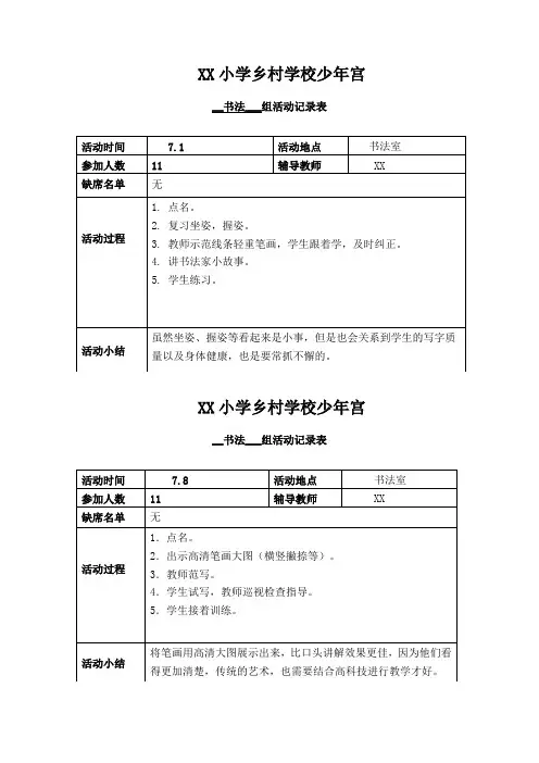 暑假少年宫书法组活动记录表