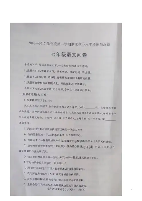 山东聊城阳谷16-17学年七年级上期末考试--语文(图片版)