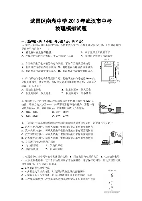 武昌区南湖中学2013年武汉市中考物理模拟试题