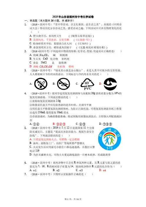 2019年山东省滨州市中考化学试题(word版,含解析)