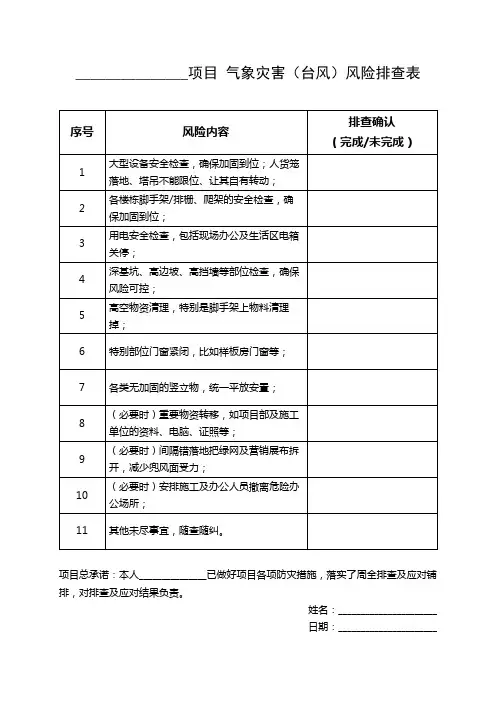 XXXX项目 气象灾害(台风)风险排查表