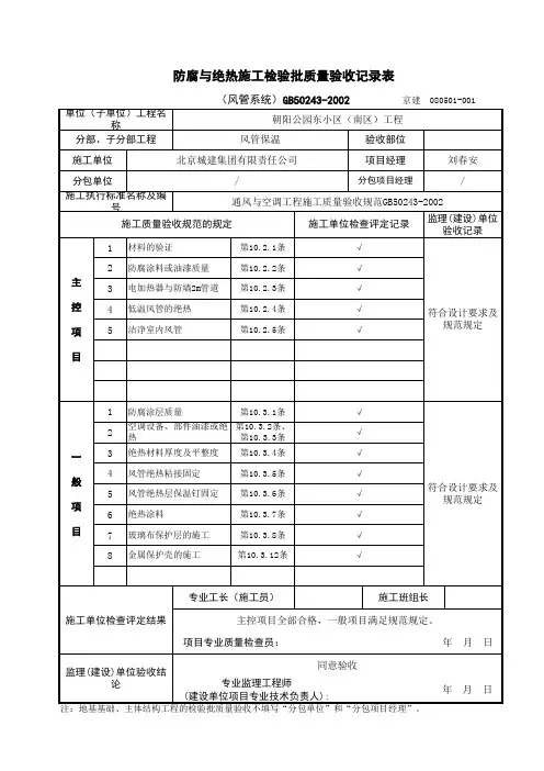 风管系统保温检验批质量验收表