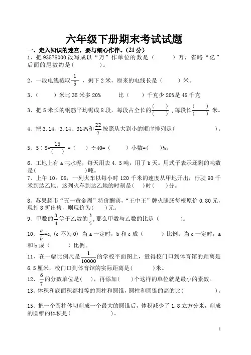 苏教版数学六年级下册期末试题(5)