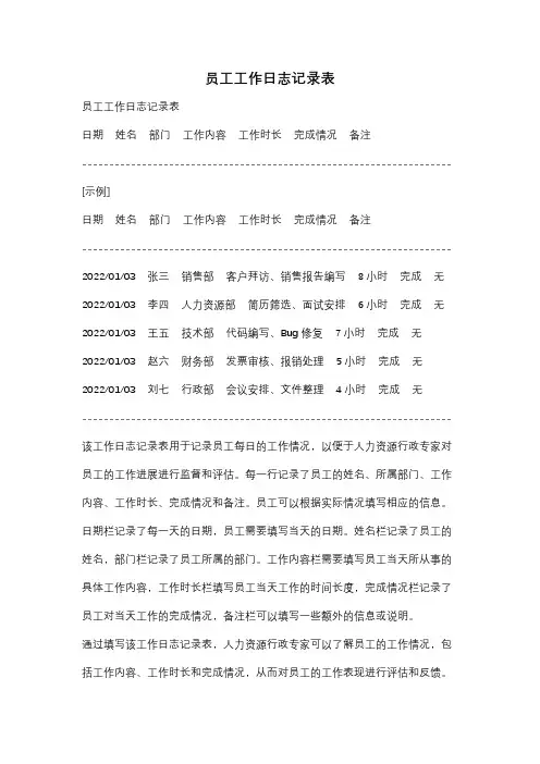 员工工作日志记录表