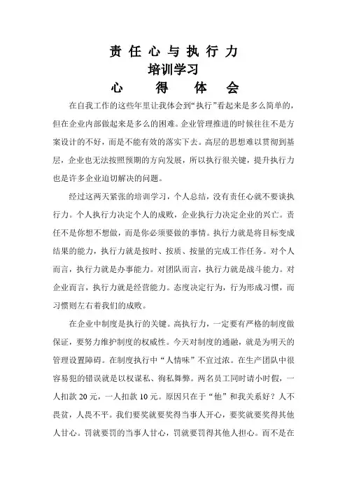 责任心与执行力培训心得体会