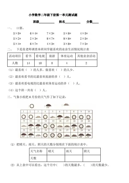 二年级下册数学各单元测试卷
