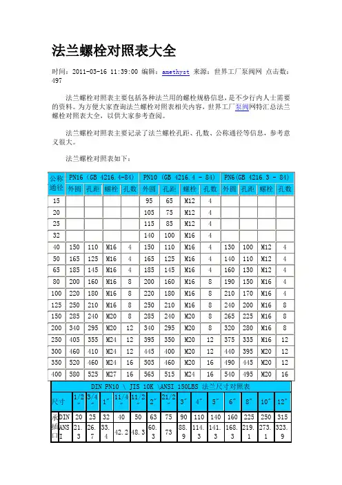法兰螺栓对照表大全