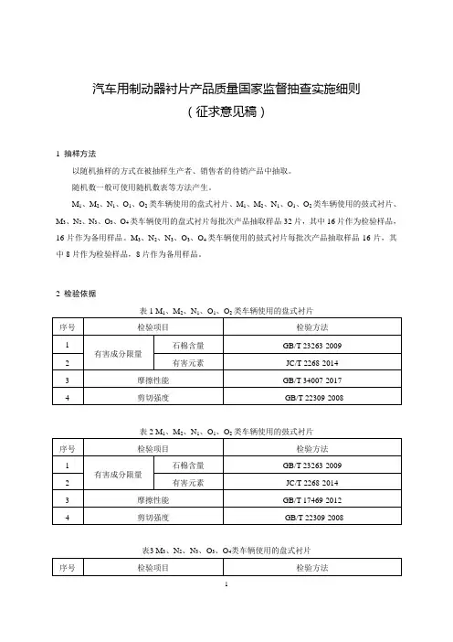2020汽车用制动器衬片产品质量国家监督抽查实施细则