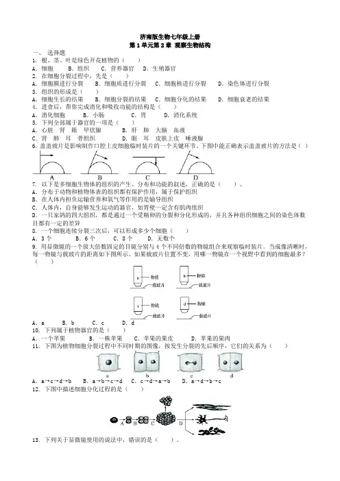 济南版生物七年级上册第一单元第二章  《观察生物结构》测试卷