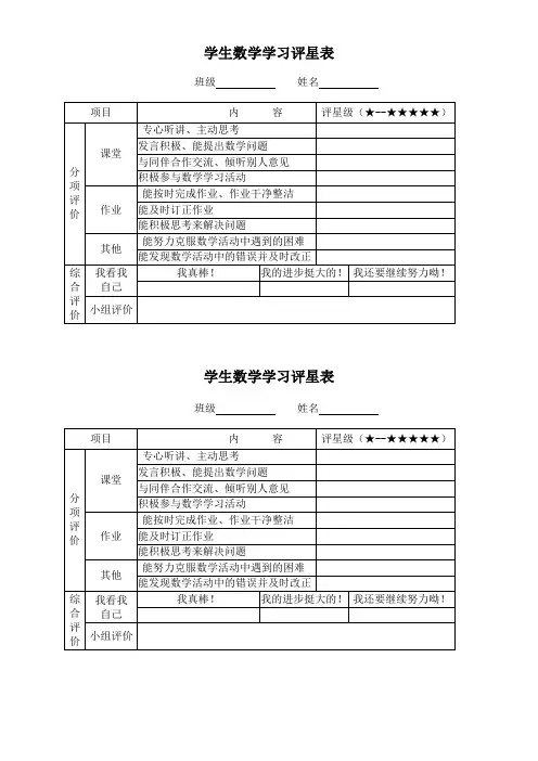 学生数学学习评价表