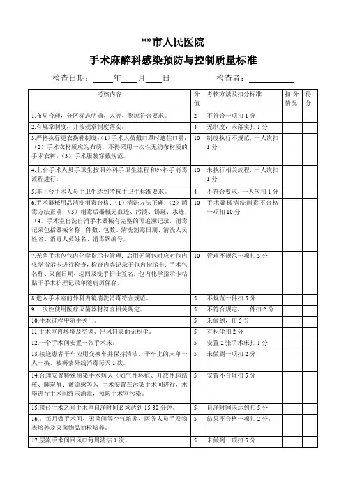 手术室感染预防与控制质量标准