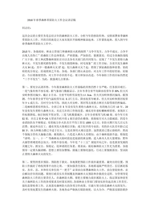 2016年春季森林草原防火工作会议讲话稿