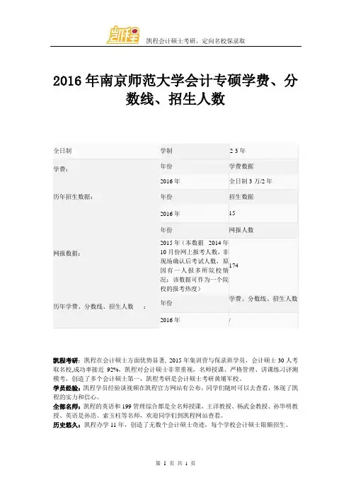 2016年南京师范大学会计专硕学费、分数线、招生人数
