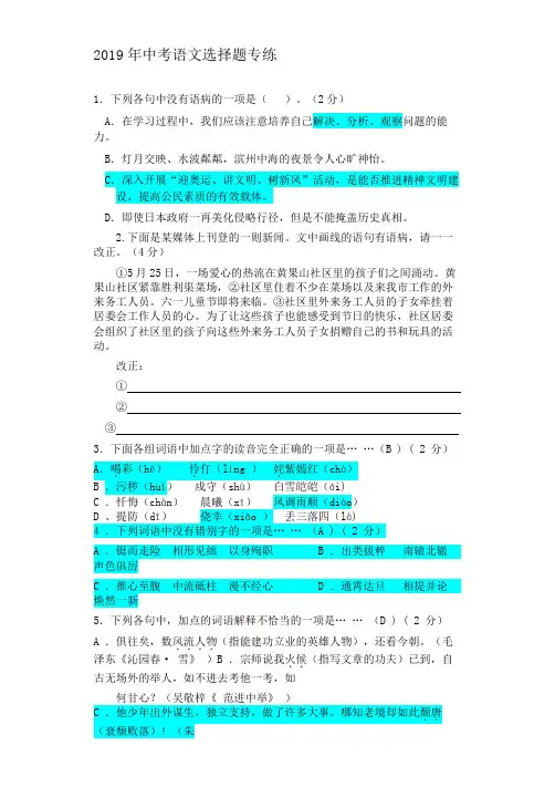 2019年中考语文选择题专题训练