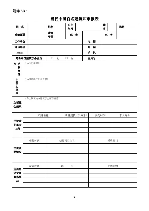 当代中国百名建筑师申报表