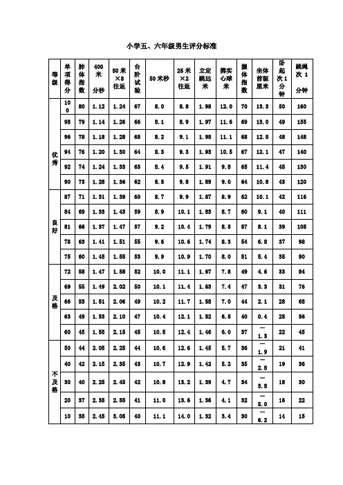 小学生体育达标评分标准 - 副本