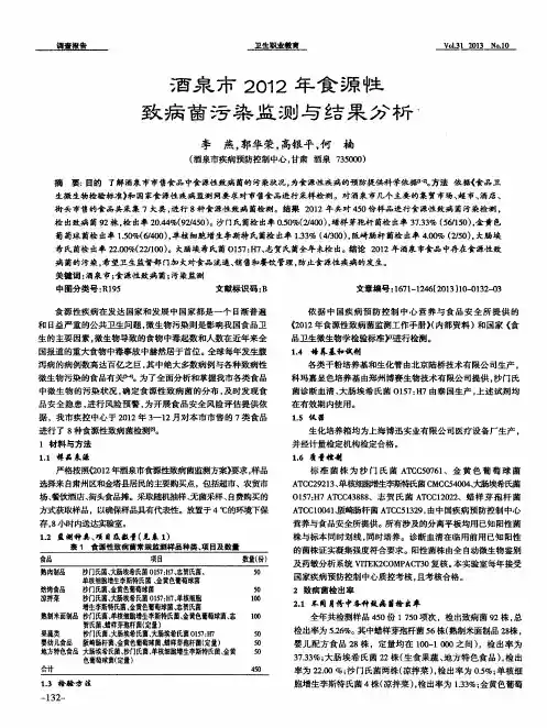 酒泉市2012年食源性致病菌污染监测与结果分析