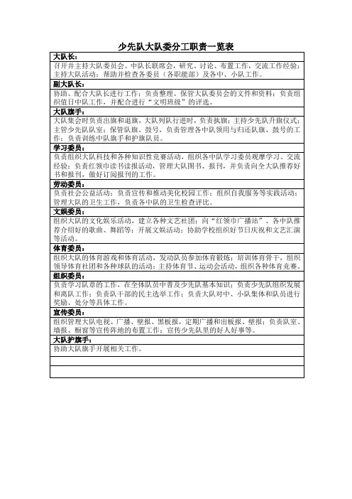 少先队大队委分工职责一览表 2