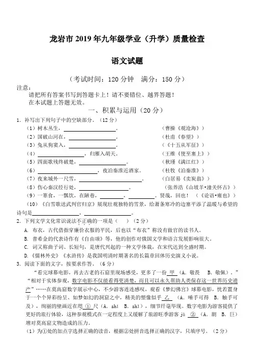 福建省龙岩市2019年九年级学业(升学)质量检查语文试题含答案 2