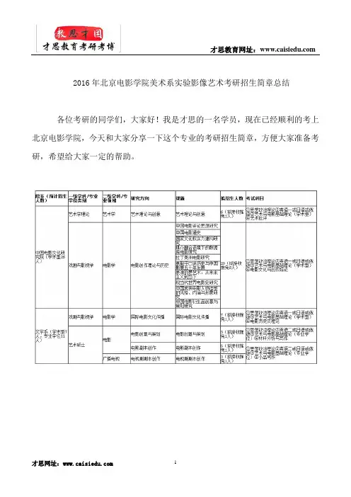 2016年北京电影学院美术系实验影像艺术考研招生简章总结