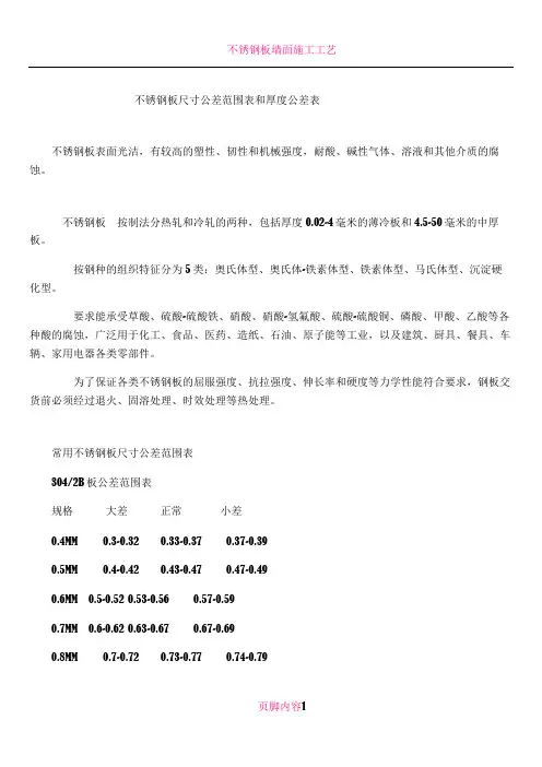 不锈钢板尺寸公差范围表和厚度公差表