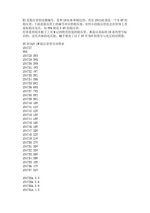 稳压管型号及对应的稳压值