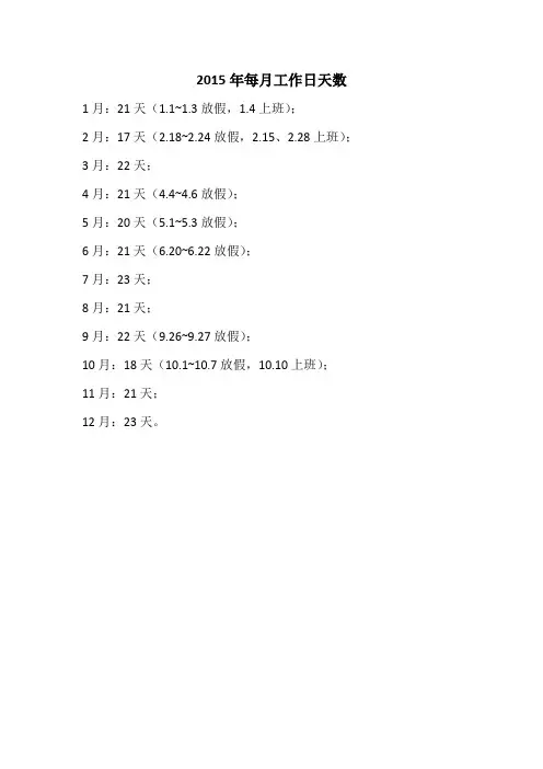 2015年每月工作日天数