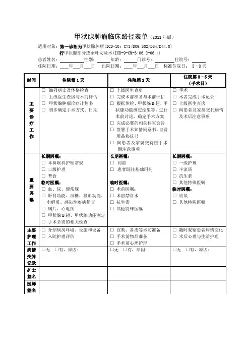 甲状腺肿瘤临床路径表单(2011年版)