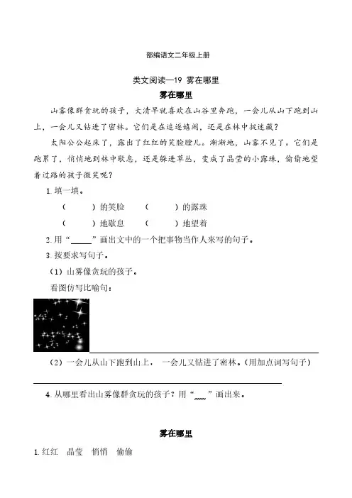 部编语文二年级上册课文19 雾在哪里-类文课外阅读-阅读理解(附答案)