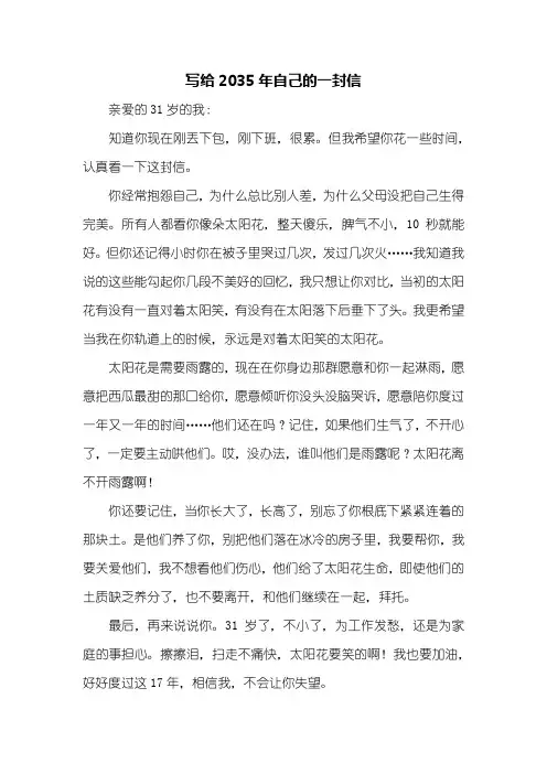 写信作文：写给2035年自己的一封信作文600字