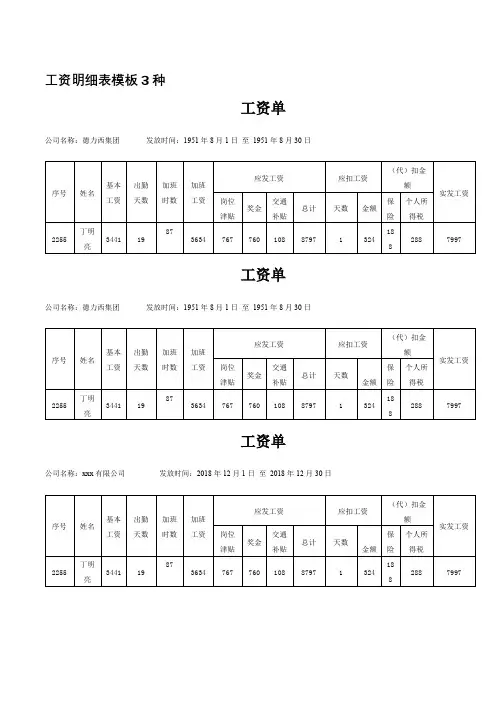 工资明细表模板3种