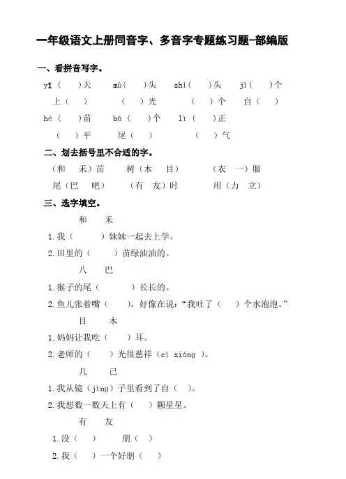 一年级语文上册同音字、多音字专题练习题-部编版