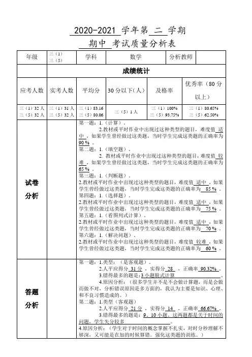 三年级数学期中考试质量分析表