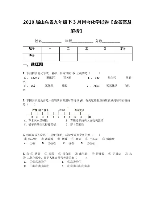 2019届山东省九年级下3月月考化学试卷【含答案及解析】