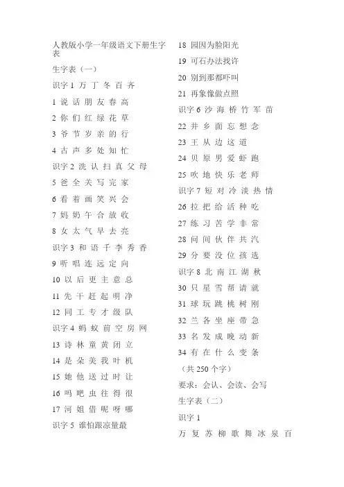 人教版小学一年级语文下册生字表