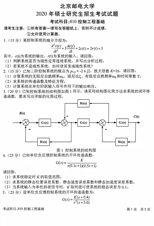 北京邮电大学2020年《810控制工程基础》考研专业课真题试卷