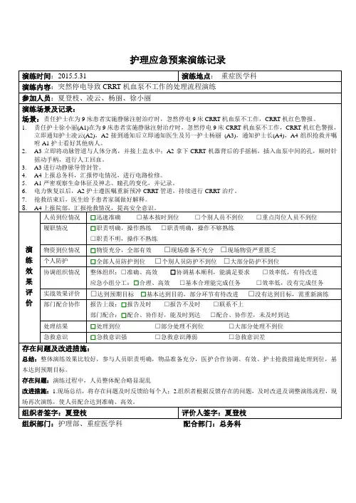 ICU科CRRT机停电应急预案演练记录