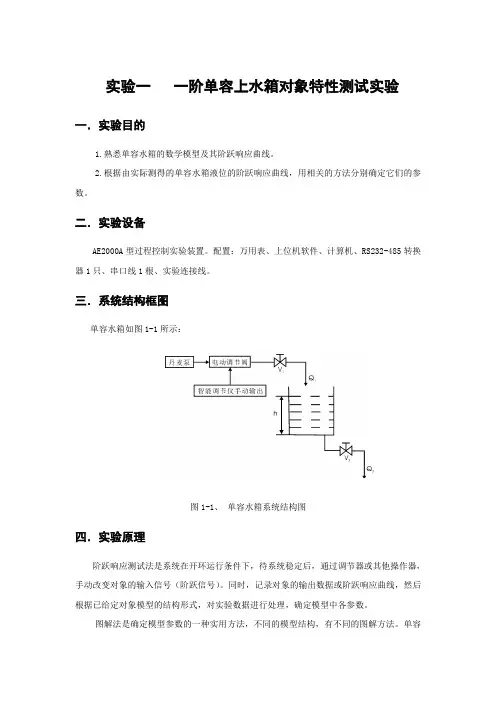 实验一一阶单容上水箱对象特性测试实验