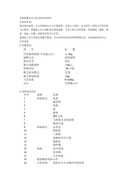 多轴旋翼式无人机采购具体需求参数