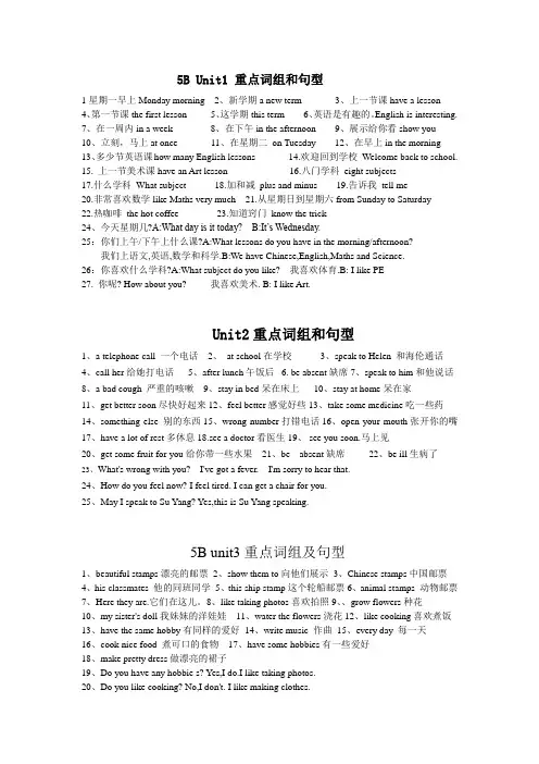 牛津小学英语五年级下册5B 各单元重点词组和句型