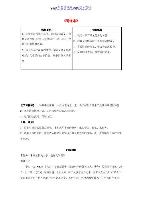 推荐-新人教版必修三高中语文4蜀道难导学案(无答案)