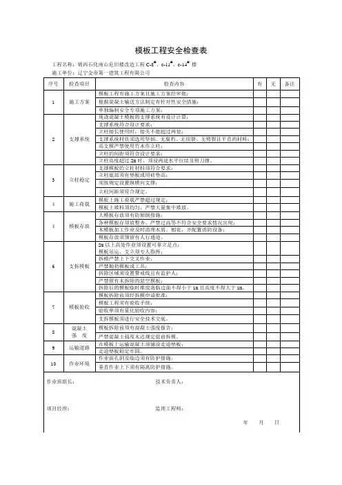 模板施工安全检查表
