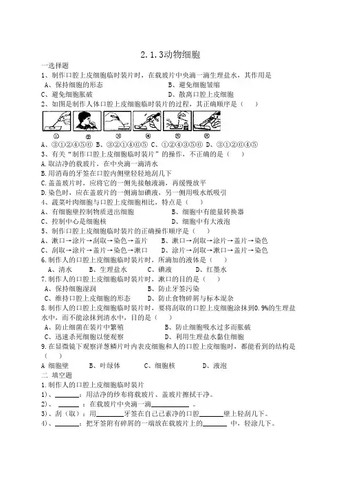 人教版七年级生物 2.1.3动物细胞 同步练习 有答案