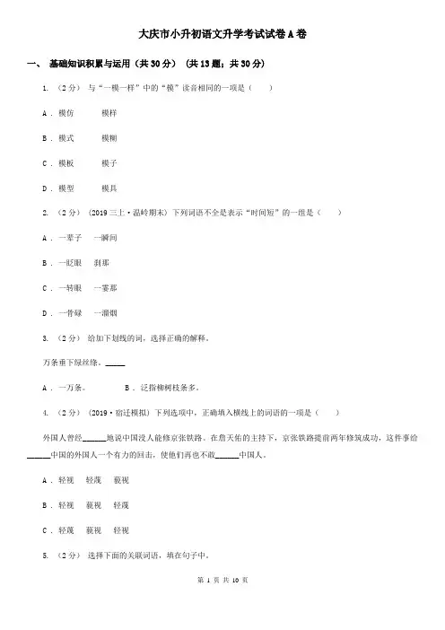 大庆市小升初语文升学考试试卷A卷