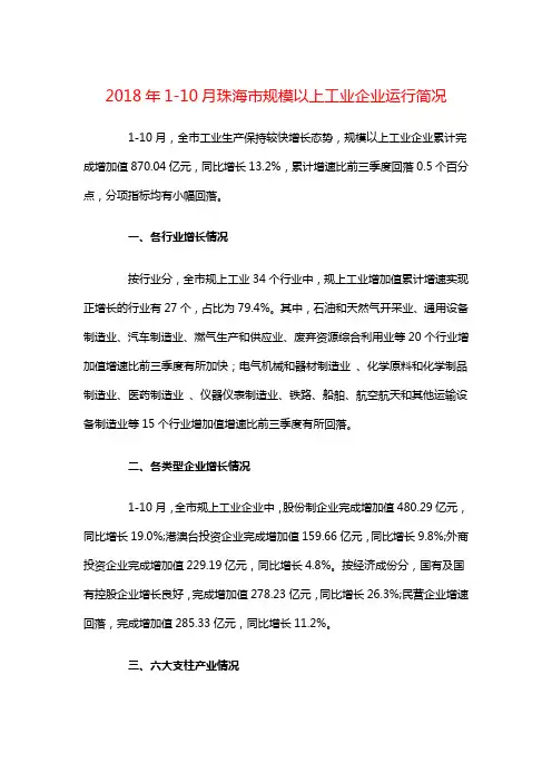 2018年1-10月珠海市规模以上工业企业运行简况