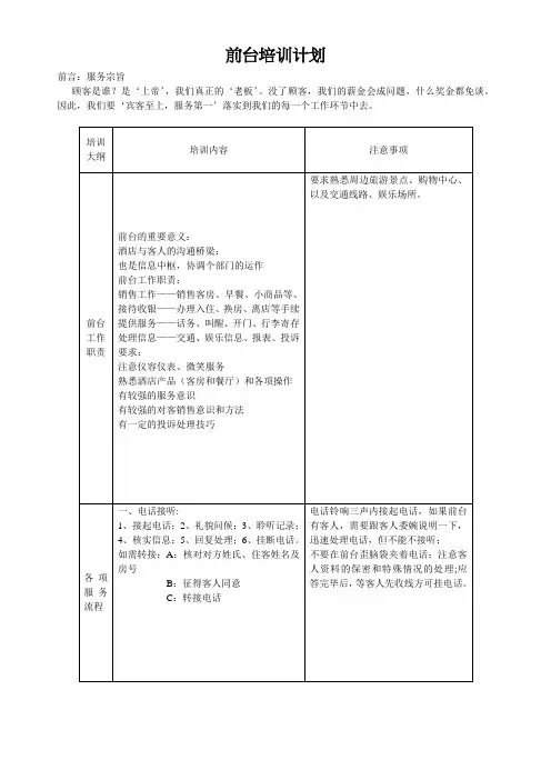 酒店前台培训计划